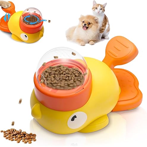 Duck Treat Dispenser, Duck Dog Treat Dispenser, 2-in-1 Dog Interactive Slow Feeder, Little Yellow Duck Pet Automatic Feeder with Sound Frisbee Toys for Dogs