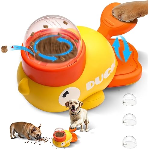 Duck Treat Dispenser, Duck Dog Treat Dispenser, 2-in-1 Dog Interactive Slow Feeder, Little Yellow Duck Pet Automatic Feeder with Sound Frisbee Toys for Dogs