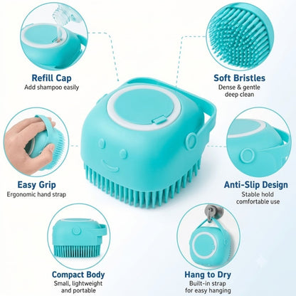 Pet Shower Brush with Tick Remover, Soft Massage Bristles Ergonomic Detachable Cover for Small Medium Dogs Cats