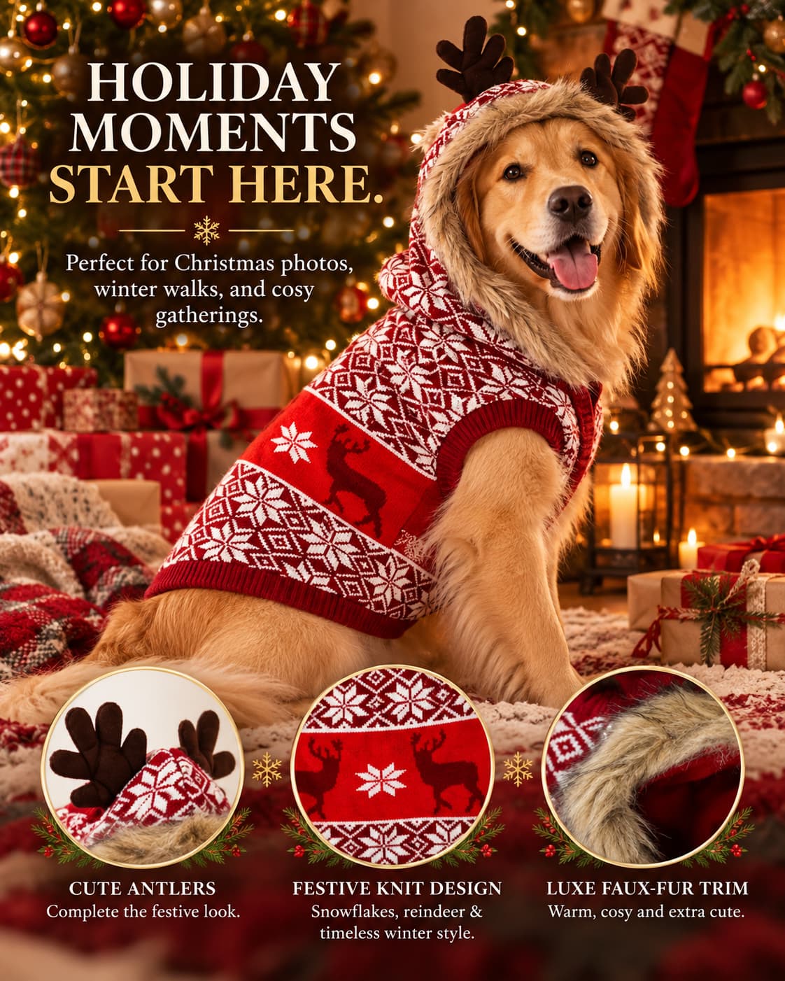Christmas Reindeer Hooded Dog Sweater