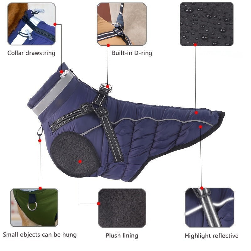 Winter Dog Coat with Reflective Strips & Built-In Leash Ring