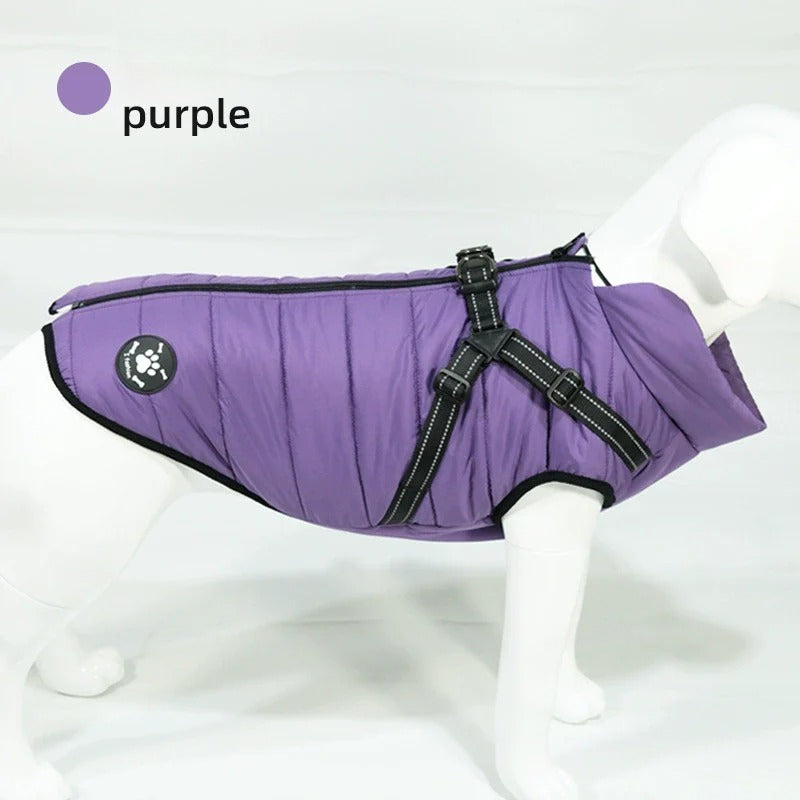 Reflective Winter Dog Jacket with Integrated Harness, Elastic Design & Zipper Closure, Dog Winter Clothes
