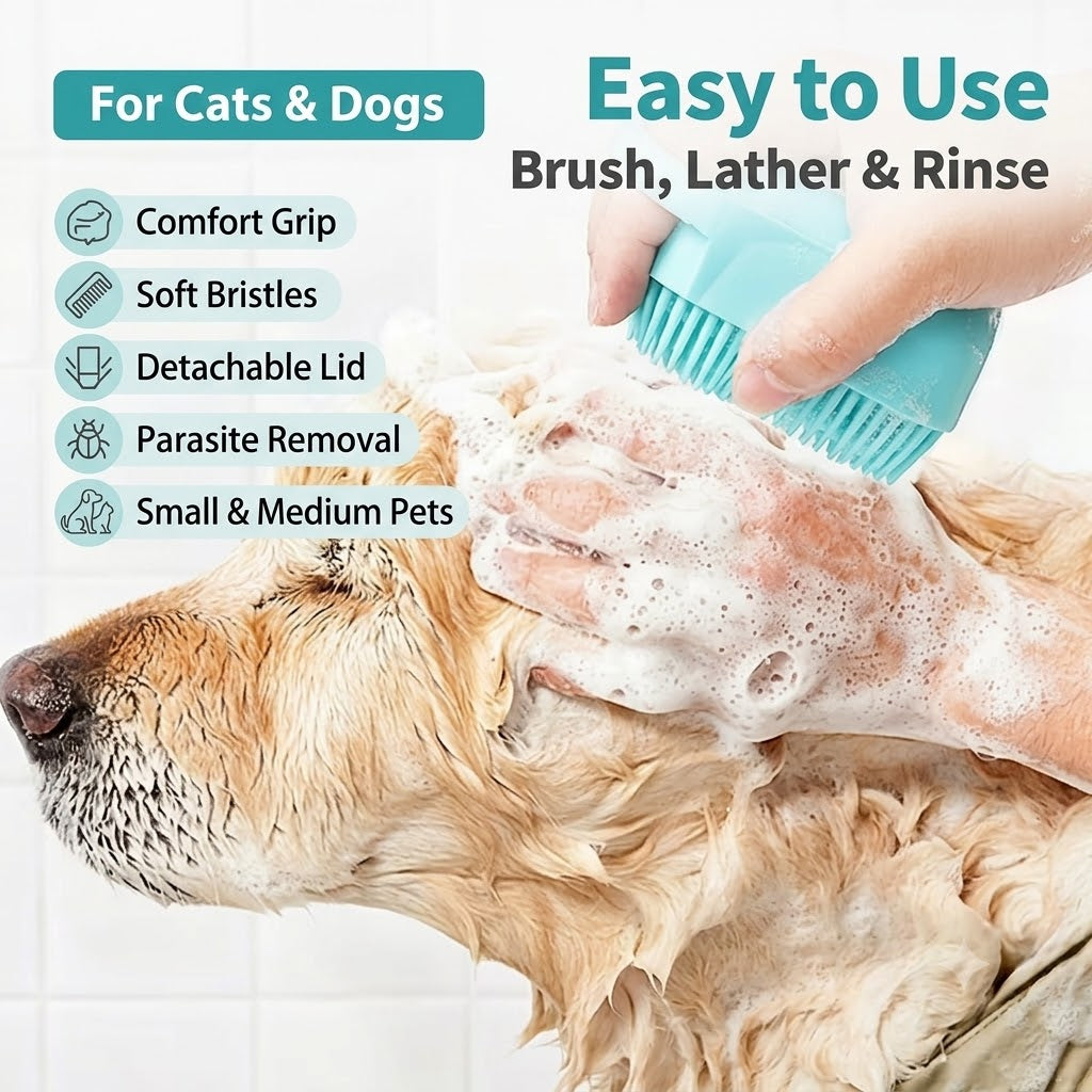Pet Shower Brush with Tick Remover, Soft Massage Bristles Ergonomic Detachable Cover for Small Medium Dogs Cats