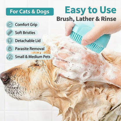 Pet Shower Brush with Tick Remover, Soft Massage Bristles Ergonomic Detachable Cover for Small Medium Dogs Cats