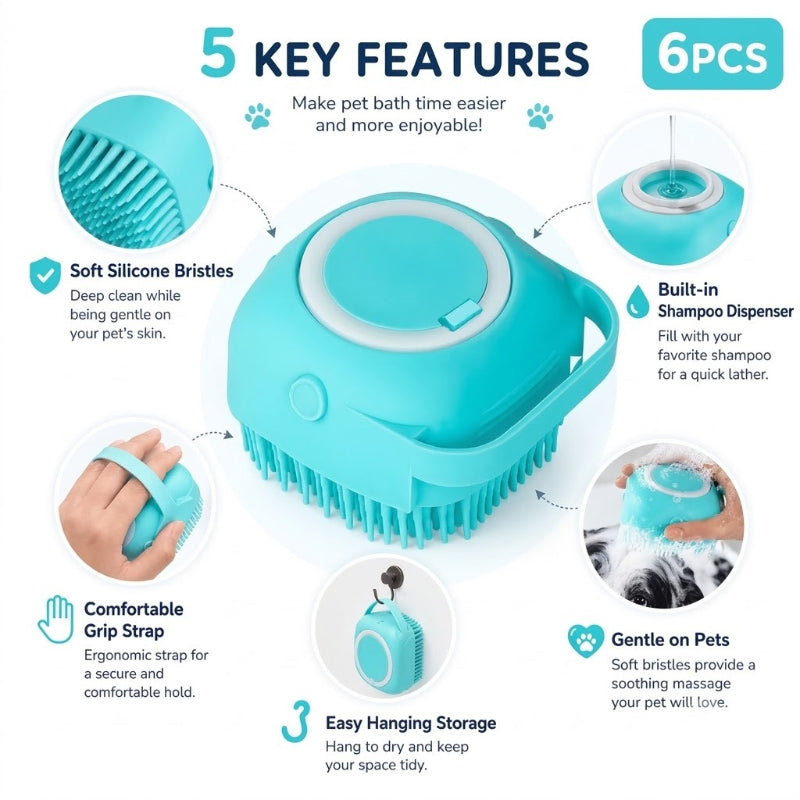 Pet Shower Brush with Tick Remover, Soft Massage Bristles Ergonomic Detachable Cover for Small Medium Dogs Cats