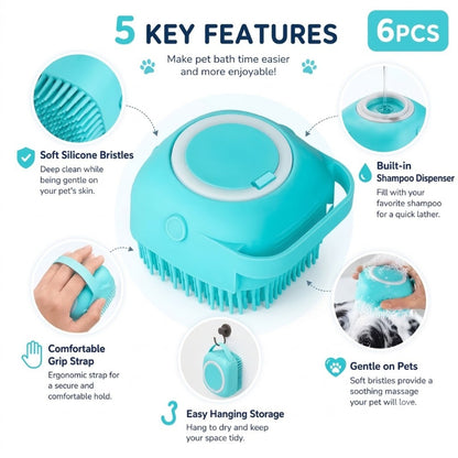 Pet Shower Brush with Tick Remover, Soft Massage Bristles Ergonomic Detachable Cover for Small Medium Dogs Cats