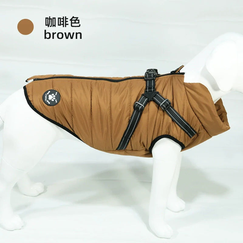 Reflective Winter Dog Jacket with Integrated Harness, Elastic Design & Zipper Closure, Dog Winter Clothes