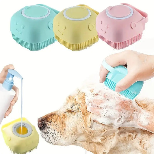 Pet Shower Brush with Tick Remover, Soft Massage Bristles Ergonomic Detachable Cover for Small Medium Dogs Cats