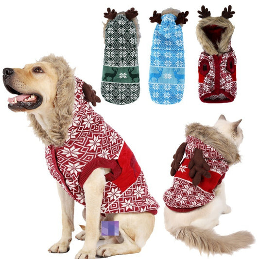 Christmas Reindeer Vintage Hooded Pet Sweater with Fur Collar,