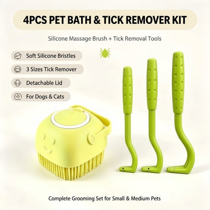 Pet Shower Brush with Tick Remover, Soft Massage Bristles Ergonomic Detachable Cover for Small Medium Dogs Cats